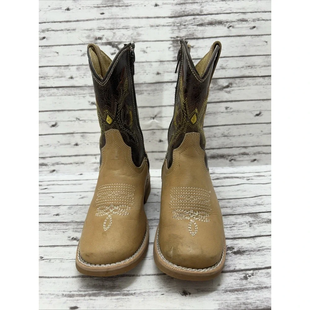 Agavero Rodeo Boots Girls Size 1 Leather Brown Embroidered Pattern